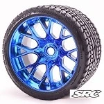 SRC Monster Truck Road Crusher Belted Tire Preglued On WHD Blue Chrome Wheel 2pc Set