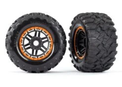 Traxxas Tires & Wheels, Assembled, Glued (black, Orange Beadlock Style Wheels, Maxx MT Tires, Foam Inserts) (2) (17mm Splined) (TSM Rated)