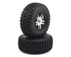 Traxxas Tires & Wheels, Assembled, Glued (SCT Split-Spoke Satin Chrome, Black Beadlock Style Wheels, BFGoodrich Mud-Terrain T/A KM2 Tires, Foam Inserts) (2) (4WD F/r, 2WD Rear) (TSM Rated)